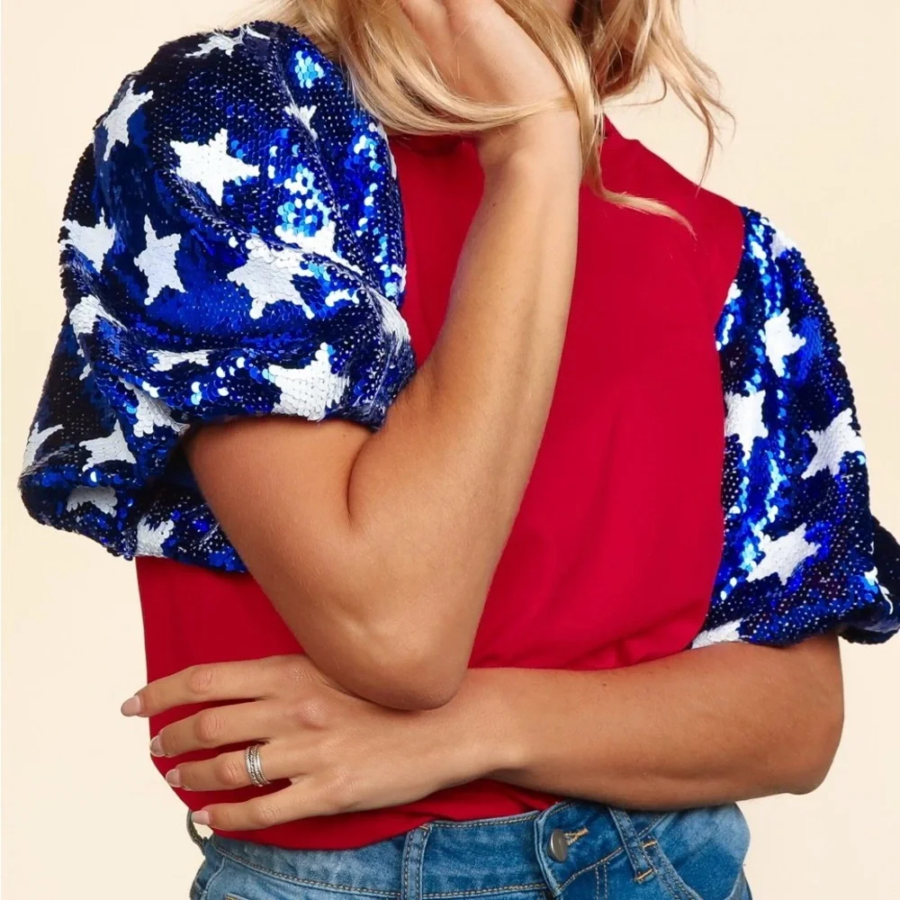 🔥🔥 Haptics New Boutique Star Sequins Bubble Short Sleeve Knit Top Red/Blue - Picture 1 of 4